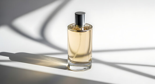 Elegant glass perfume bottle with golden liquid and silver cap casting shadows on a white surface transparent background