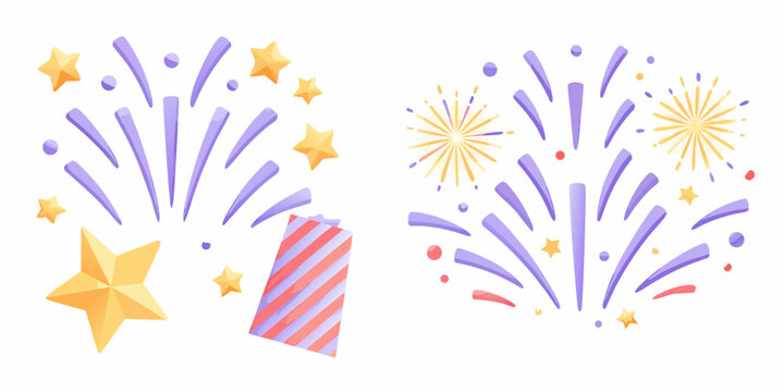 fireworks and stars illustration with colorful bursts isolated on white