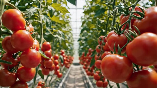 Abundant Ripe Red Tomatoes Growing in Greenhouse Rows