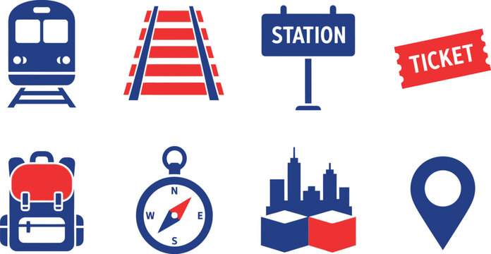Set of travel and transportation icons featuring train railway station sign ticket backpack compass city skyline and pin