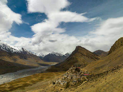 ey Monastery on mountain cliff, Spiti Valley drone photography
Spiti Valley aerial view with Key Monastery and snow mountains
Buddhist monastery in Himalayas, Key Monastery drone landscape India