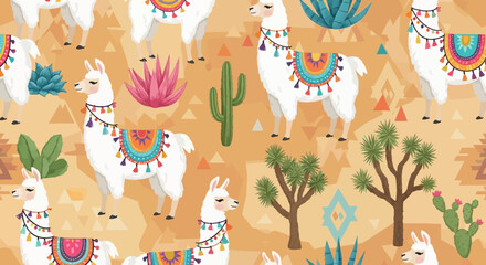 Vibrant desert landscape with white llamas and cacti © Deshan