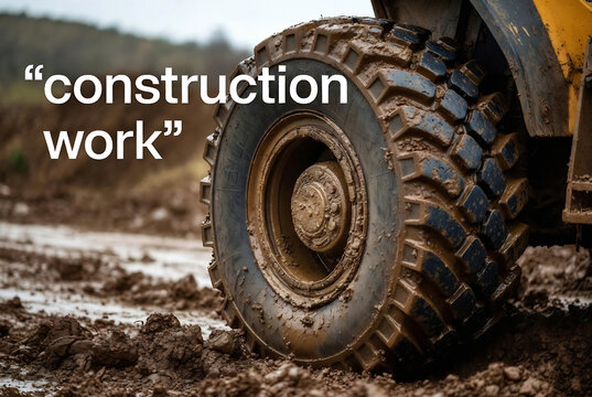 Subject: A large tractor tire. Action: Construction work is underway. Setting: A muddy construction site.