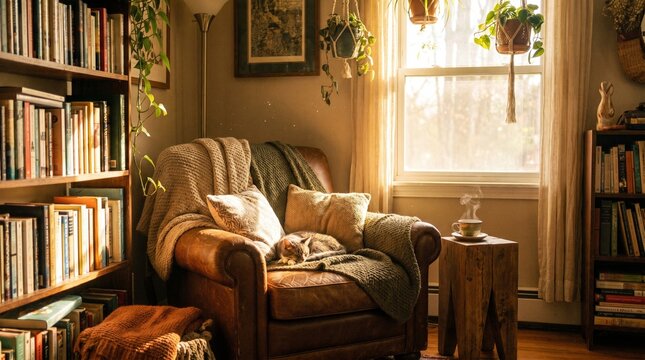 Cozy reading corner sunlight