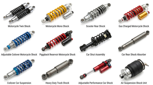 Professional studio set of various vehicle shock absorbers, struts, and suspension units. Ideal for automotive catalogs, repair shop marketing, and car parts e-commerce websites.