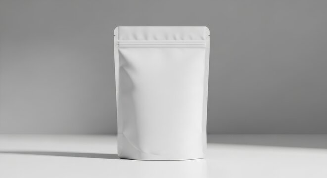 Blank white standing pouch packaging mockup on a clean light gray studio background