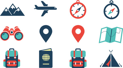 Set of travel and adventure icons featuring mountains airplane compass binoculars location pins map backpack and camping tent © azad