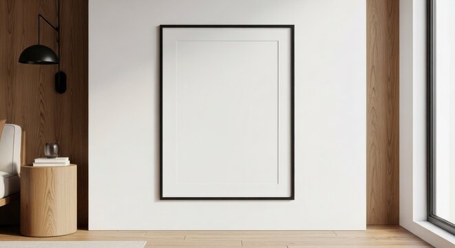 A pristine blank portrait frame is prominently displayed on a clean white wall, situated beside a rustic wooden cylindrical stool topped with books and a glass.