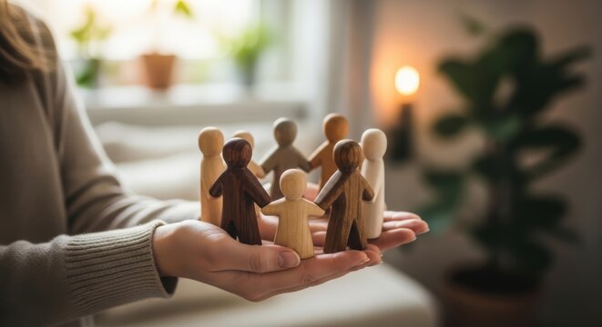hands holding diverse wooden people figures in circle in cozy room concept for social community support group therapy family unity diversity inclusion and safe space teamwork