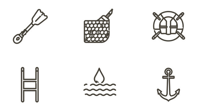 Maritime Elements: A collection of nautical-themed line art icons including an oar, fishing net, life preserver, ladder, water droplet, and anchor, ideal for illustrating seafaring or travel concepts.