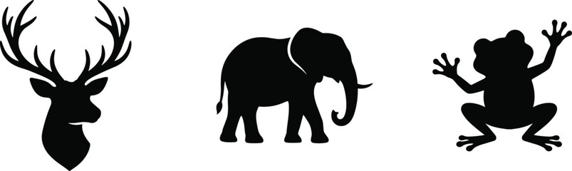 Fototapeta premium Deer elephant frog animal silhouettes icon illustration, wildlife artwork design, nature motif concept symbol graphic, black white professional artistic representation