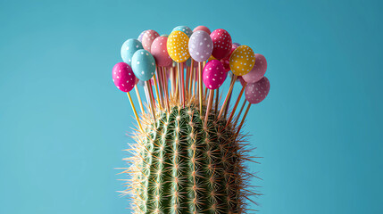 Naklejka premium Cactus with needles made of colorful party toothpicks and balloons, Generative AI illustrations.