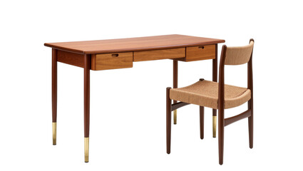 Fototapeta premium Mid-Century Teak Desk and Woven Seat Chair Set