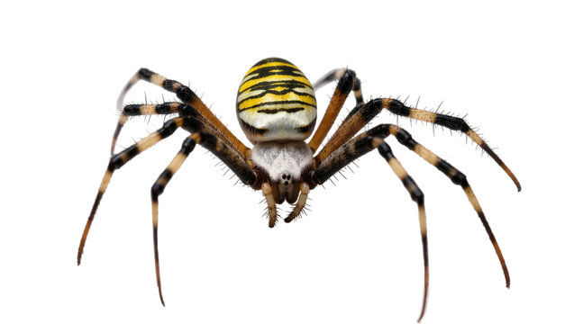 Yellow striped spider with black legs and gray abdomen close-up