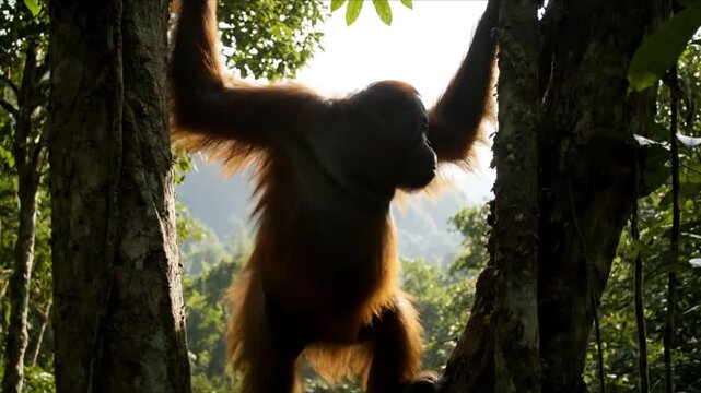 Orangutan hangs in a lush rainforest canopy with mountain backdrop, showcasing primate behaviors in its natural habitat