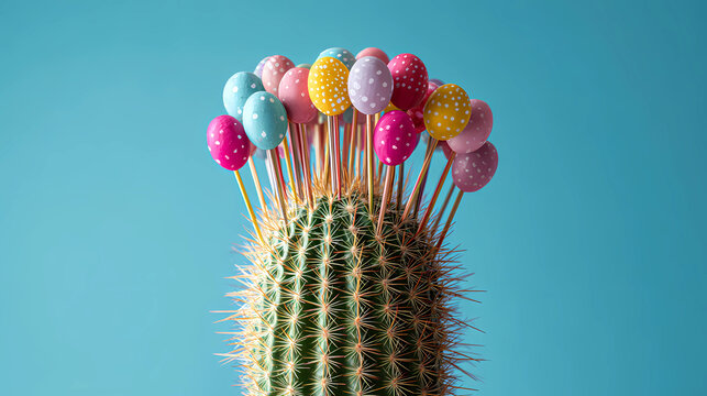 Cactus with needles made of colorful party toothpicks and balloons, Generative AI illustrations.