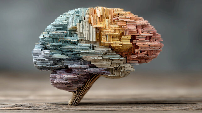 Brain structure formed from stacked books on wooden table