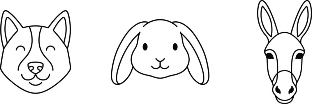 Dog rabbit donkey animal face silhouettes icon illustration, wildlife artwork design, nature motif concept symbol graphic professional representation