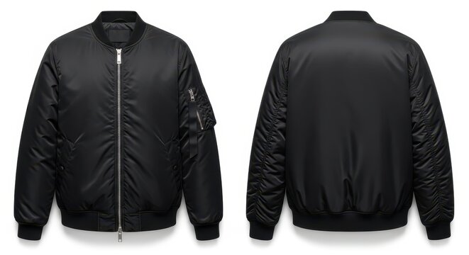 Front and back view of a black bomber jacket with silver zipper isolated on white