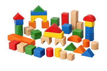 Obraz premium Colorful wooden building blocks, a vibrant collection of educational toys for children's play and creative development. Classic wood block set, perfect for early learning and imaginative