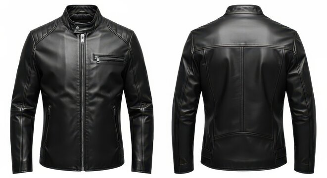 Black leather jacket front and back view isolated on a white background