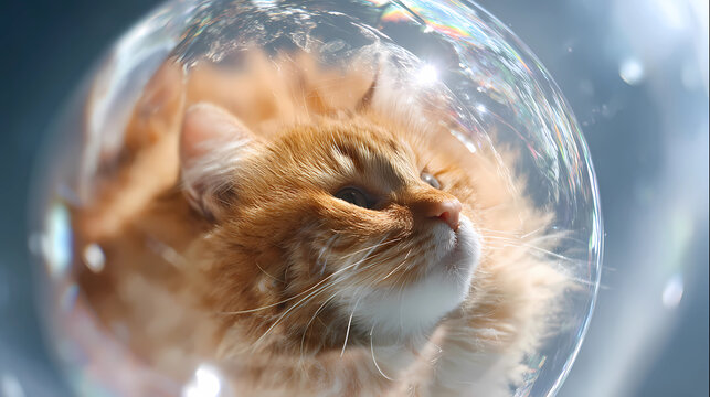 Fluffy orange tabby cat in professional scuba diving suit floating in giant soap bubble, Generative AI illustrations.