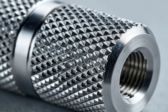 Premium macro shot of precision-machined knurled stainless steel cylinder. Sharp diamond knurl pattern with brushed satin finish and clean geometric peaks. Perfect metal texture