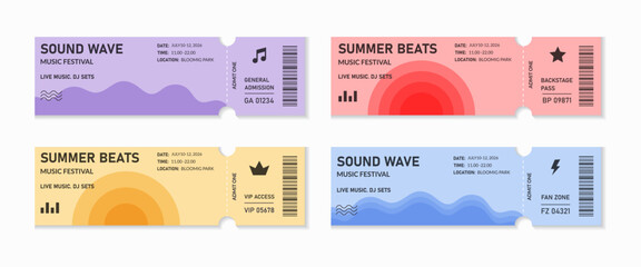 Modern musical festival ticket set  isolated on transparent background. Minimalistic music consert coupons. Decorative element for summer events and festivals. Admit one ticket collection. Vector  © Anna