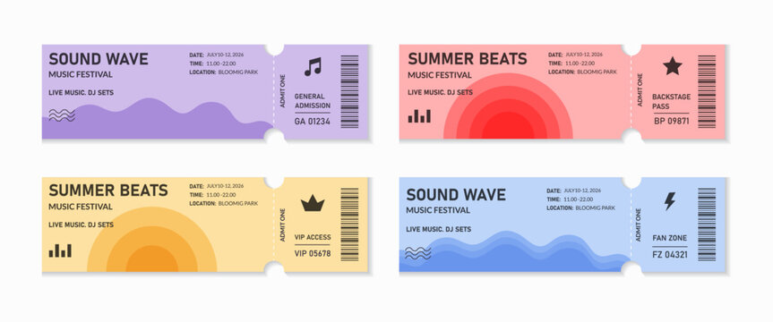 Modern musical festival ticket set  isolated on transparent background. Minimalistic music consert coupons. Decorative element for summer events and festivals. Admit one ticket collection. Vector 