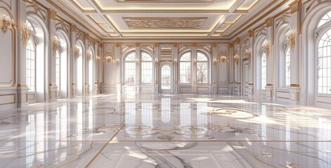 Obraz premium A wide, empty ballroom with glossy white marble floors and intricate golden patterns.