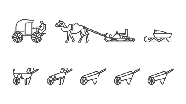 Ancient Transport Line Art: A set of eight meticulously rendered line art illustrations depicting various modes of transportation.