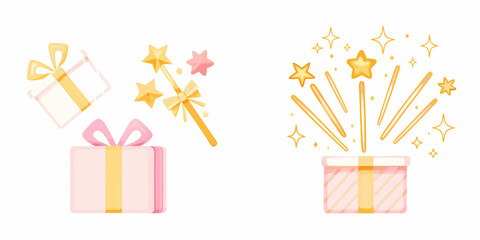 Festive gift boxes magic wand and stars illustration on white background © Poly