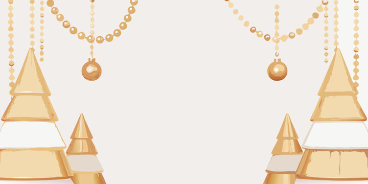 Golden christmas trees and ornaments festive holiday banner illustration