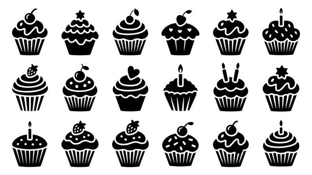 Collection of cupcake icons in black silhouette with toppings like cherries strawberries candles, frosting