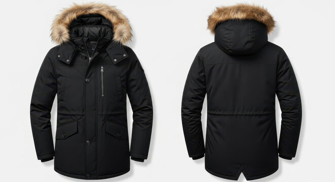 Front and back view of a black winter parka jacket with faux fur hood on white background