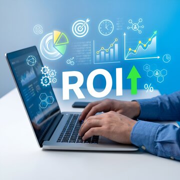 business professional analyzing roi and financial growth on laptop with digital icons overlay