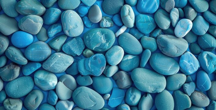 Abstract background of blue pebbles on the beach, flat lay, top view.