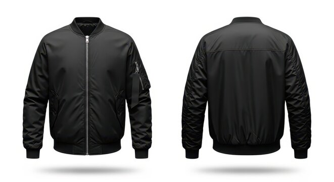 Black bomber jacket front and back view isolated on a white background, for apparel catalog
