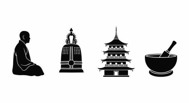 Buddhist Meditation Icon Set with Monk Meditating, Temple Bell, Pagoda and Singing Bowl Black Silhouette Glyph Icons
