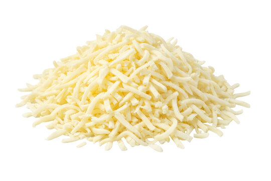 Pile of shredded cheese, a delicious dairy product for cooking and garnishing. Fresh grated cheese, perfect for pizza, pasta, and savory dishes, isolated on white.