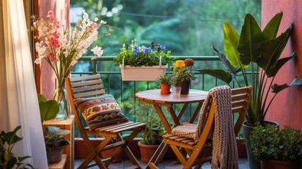 Fototapeta premium A cozy balcony featuring wooden chairs, a round table adorned with plants, colorful flowers, and a warm atmosphere.