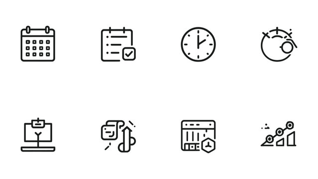 Essential Icons for Organization and Efficiency: A comprehensive collection of minimalistic icons representing various aspects of time management, scheduling, and project planning.