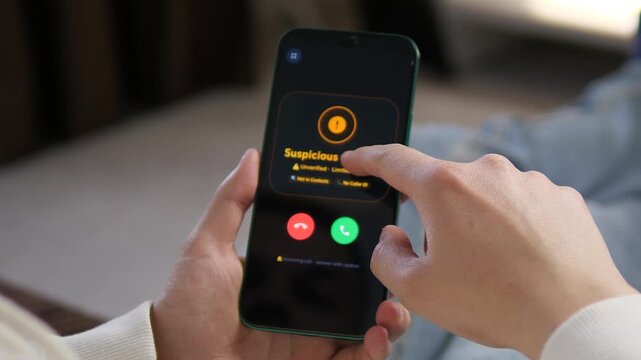 Stressed user receiving a call from a suspicious contact on a smartphone. High-quality UI showing unverified fraud alert. Perfect for cybersecurity, privacy protection, and scam prevention videos