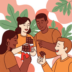 Fototapeta premium A diverse group of friends happily sharing and enjoying delicious chocolate bars together.