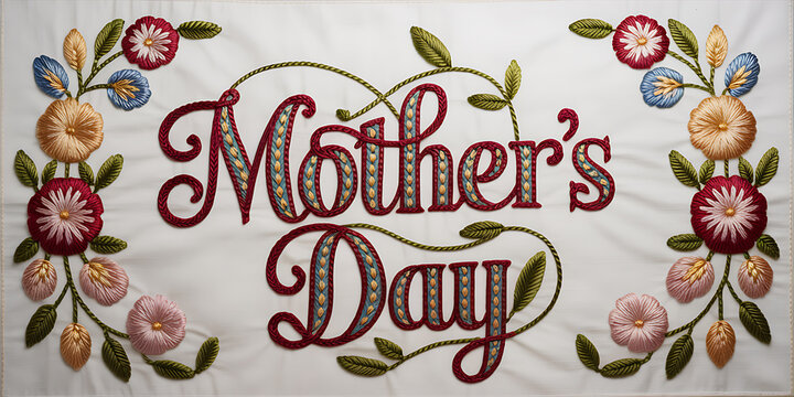 Elegant Mother's Day greeting featuring colorful floral embroidery and decorative needlework on textured linen fabric