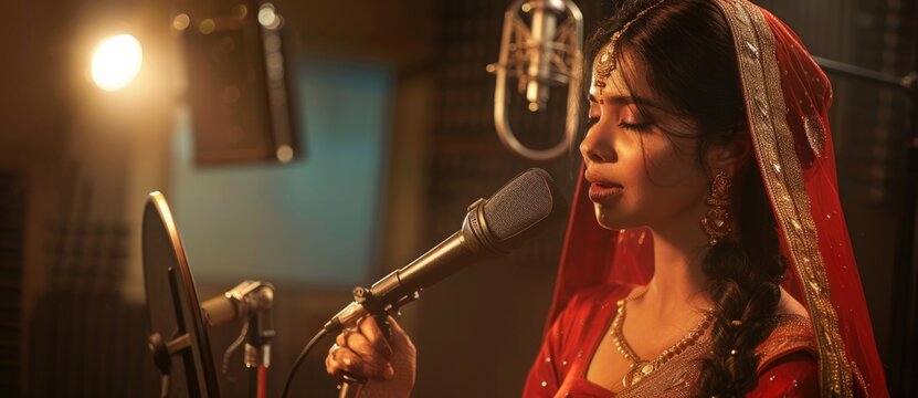 Beautiful indian female singer in a red saree in a recording studio.