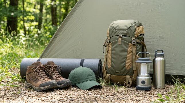 Neatly packed summer camping gear arranged outside tent in forest