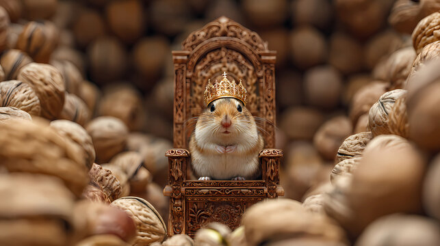 Royal hamster king on a majestic throne crafted from walnuts and pistachio nuts, Generative AI illustrations.
