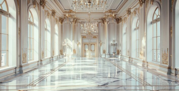 Beautiful white and gold room with marble floor, luxury interior design.