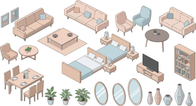 Isometric Furniture Set for Interior Design Projects Featuring Modern Living Room Bedroom and Dining Room Decor Elements Collection